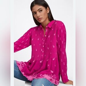 Johnny Was Flower Zoya Pintuck Embroidered Long Sleeve Blouse Top